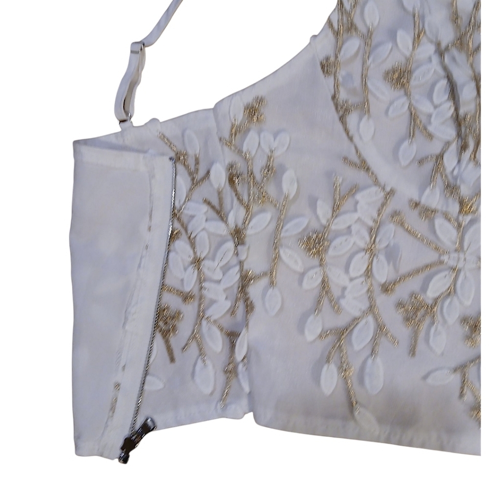 Corset Bustier Top Gold & White Floral Applique Zip Back, Adjustable Straps - Picture 6 of 7